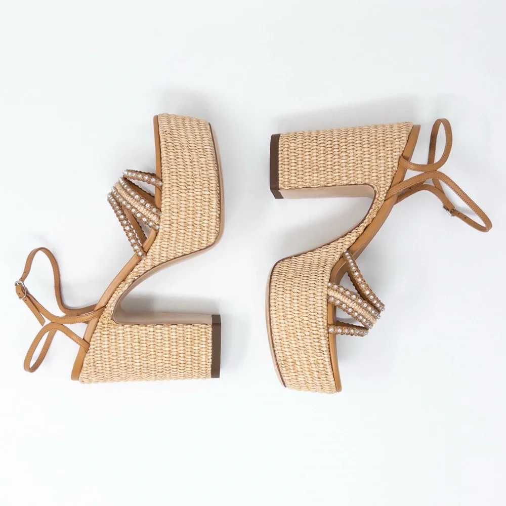 NEW Casadei Limelight Platform Sandals (Sz 38.5) Chunky Heel Crystal Raffia